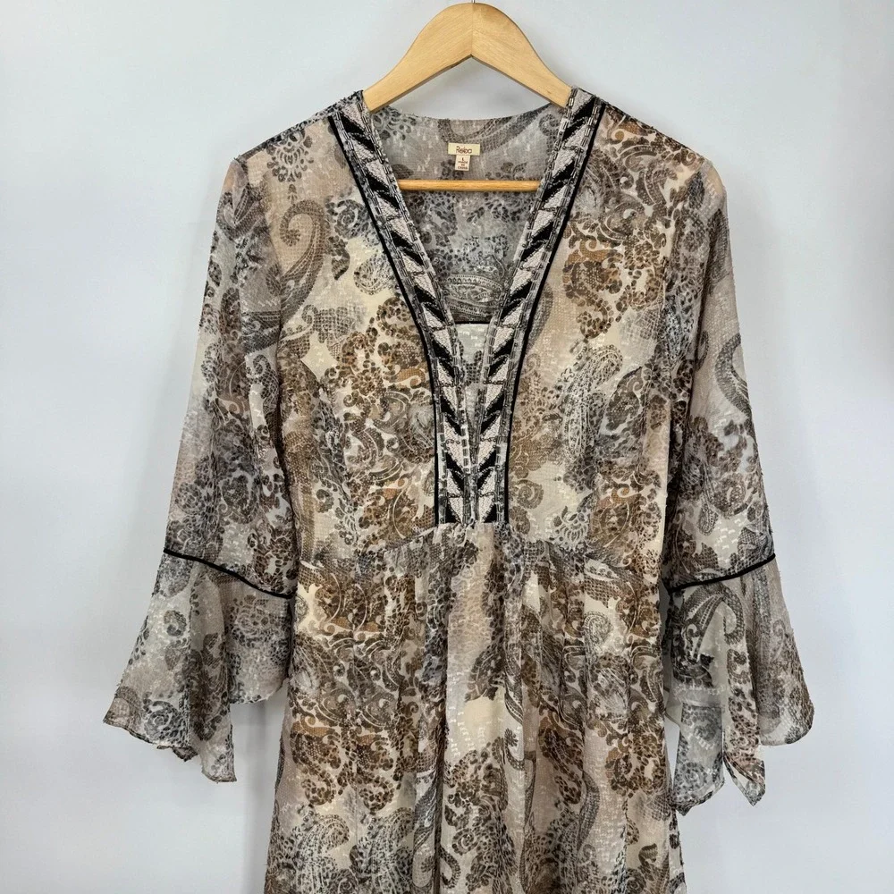 Reba Midi Dress Womens Large Paisley Print Chiffon Brown Black Bell Sleeve Boho